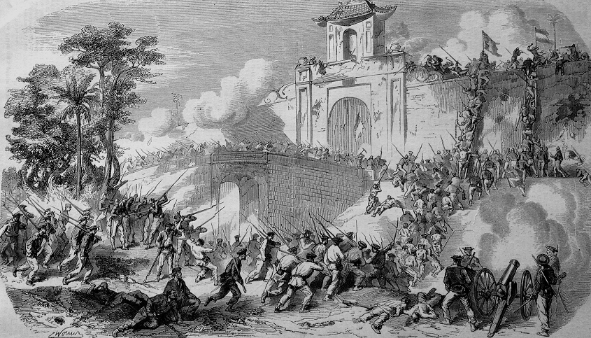 Les troupes franaises  l'attaque de Sagon - dessin envoy par L. Roux secrtaire de Charles Rigault de Genouilly